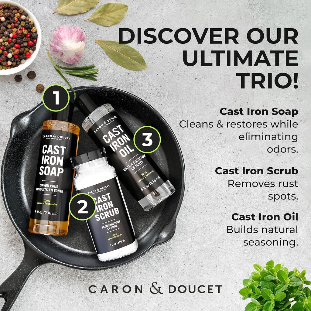 -Ultimate Cast Iron Care Set Seasoning Oil,Cleaning Soap & Restoring Scrub | 100% Plant-Based & Best for Cleaning,Washing,Restoring & Seasoning Cast Iron Skillets,Pans,Grills and More!