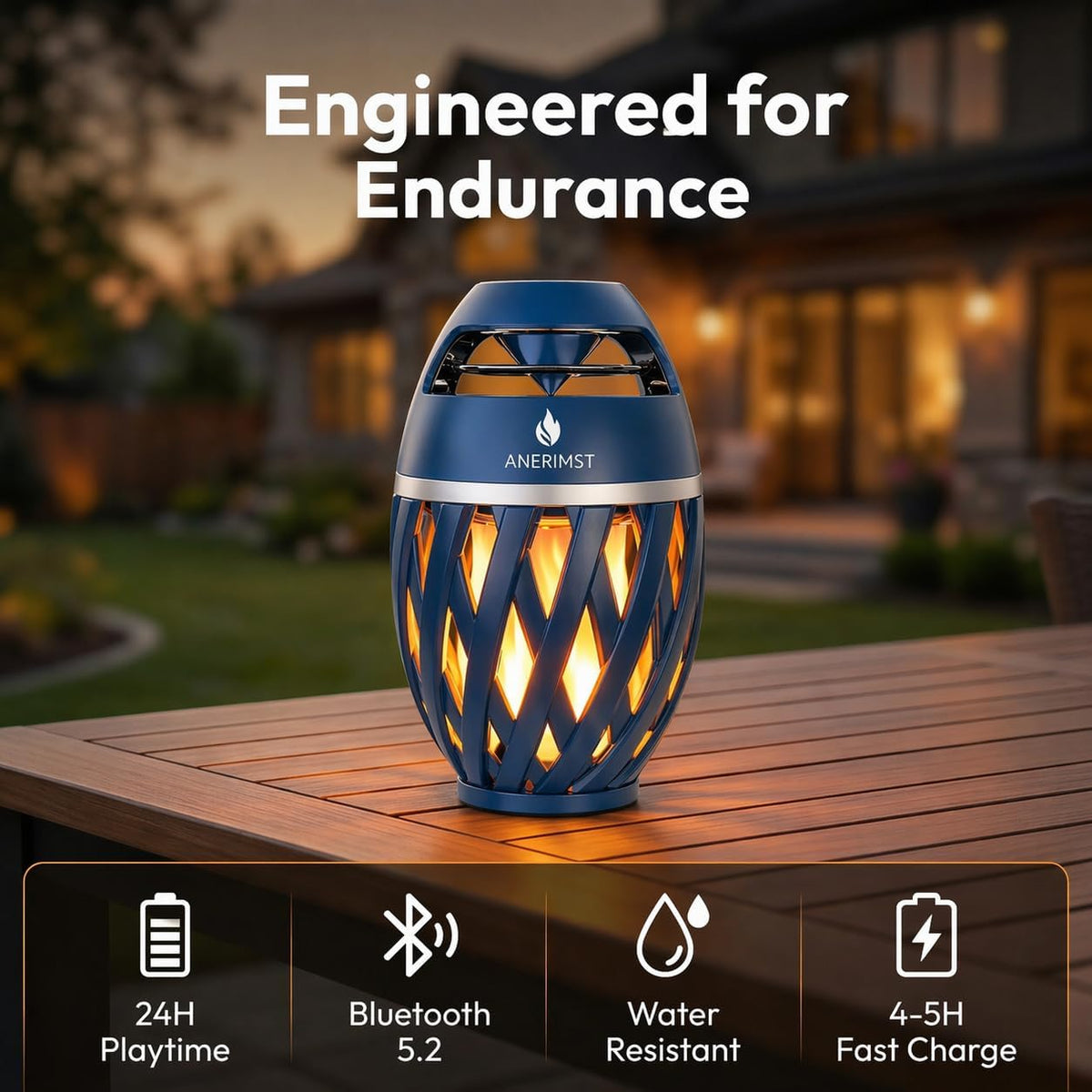 Outdoor Bluetooth Speaker with Flame Light,  Waterproof Wireless LED Flame Speaker for Home Gadgets Camping Accessories, 24H Playtime, Loud Sound, Gifts for Men Women Couples Dads Moms, Blue