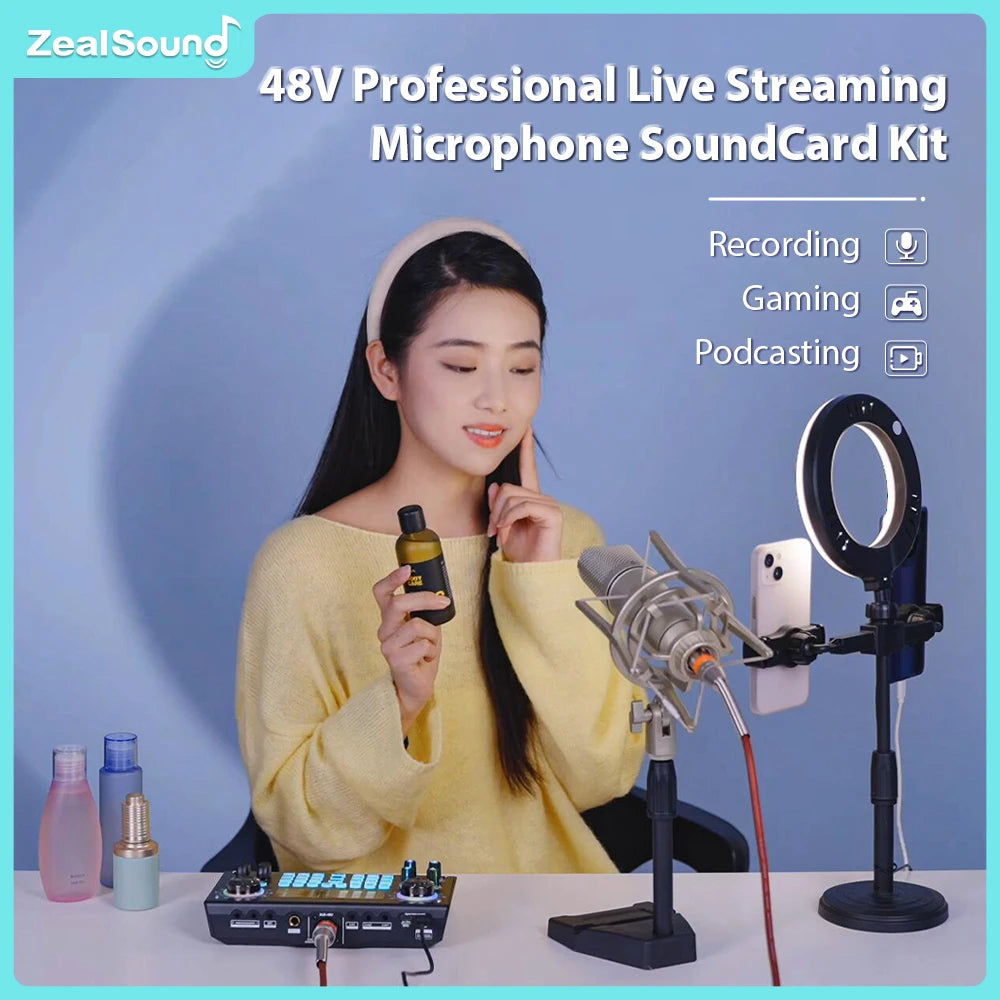 Professional Podcast Live Soundcard Equipment Bundle with 48V XLR Microphone for PC Recording Singing Streaming Gaming