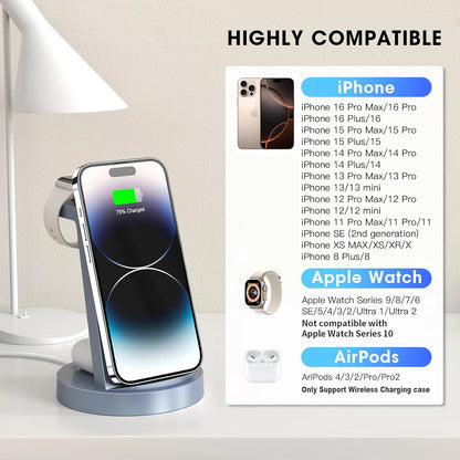 Wireless Charger - 3 in 1 Charging Station Compatible for Iphone &amp; Iwatch - Charging Stand Dock for Airpods (Blue)