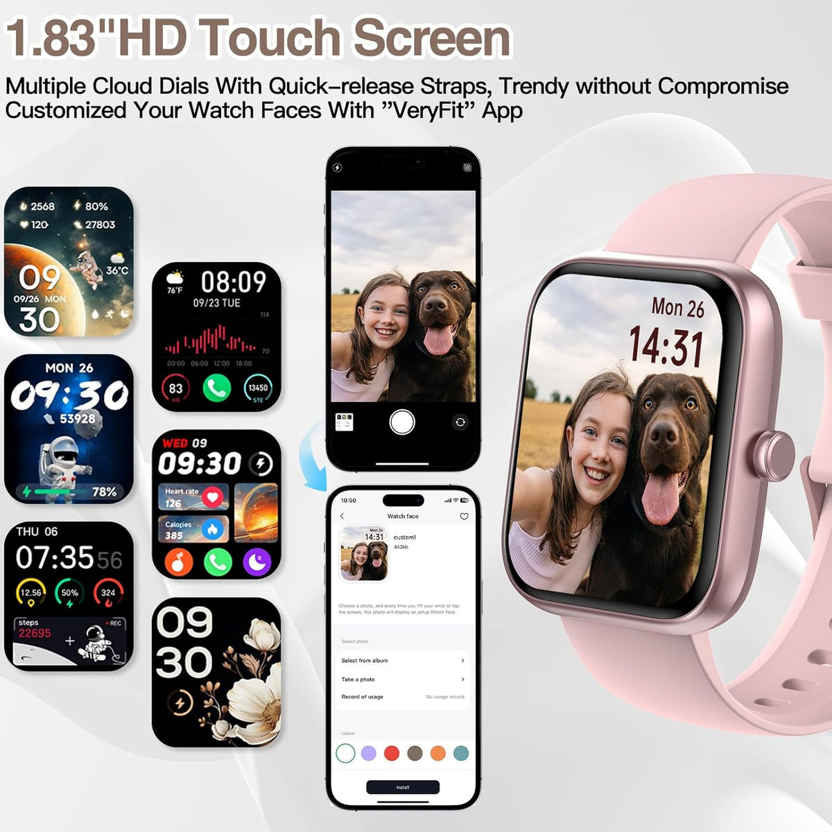 Smart Watch for Men Women with Bluetooth Call,Alexa Built-In Smartwatch,1.83"Diy Dial Fitness Watch with Sleep Heart Rate Spo2 Monitor,100+ Sport Mode,Ip68 Waterproof Watch Compatible with Android Ios