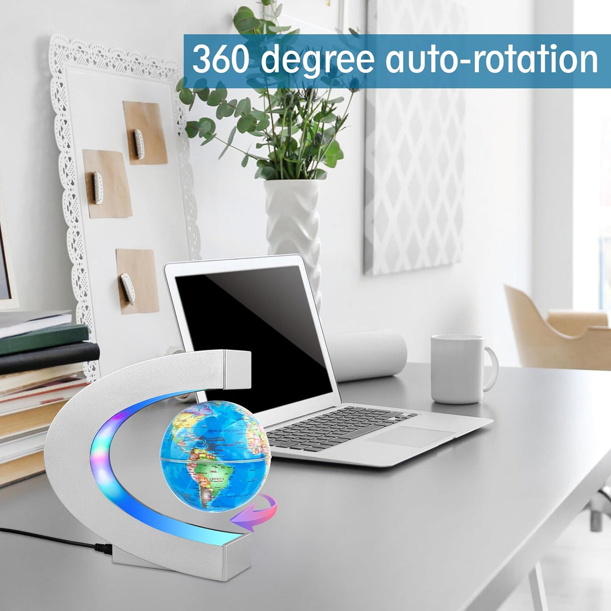 Magnetic Levitating Globe with LED Light, Cool Tech Gift for Men Father Boys and Girls , Birthday Gifts for Kids, Floating Globes World Desk Gadget Decor in Office Home/Display Frame Stand (Sliver)