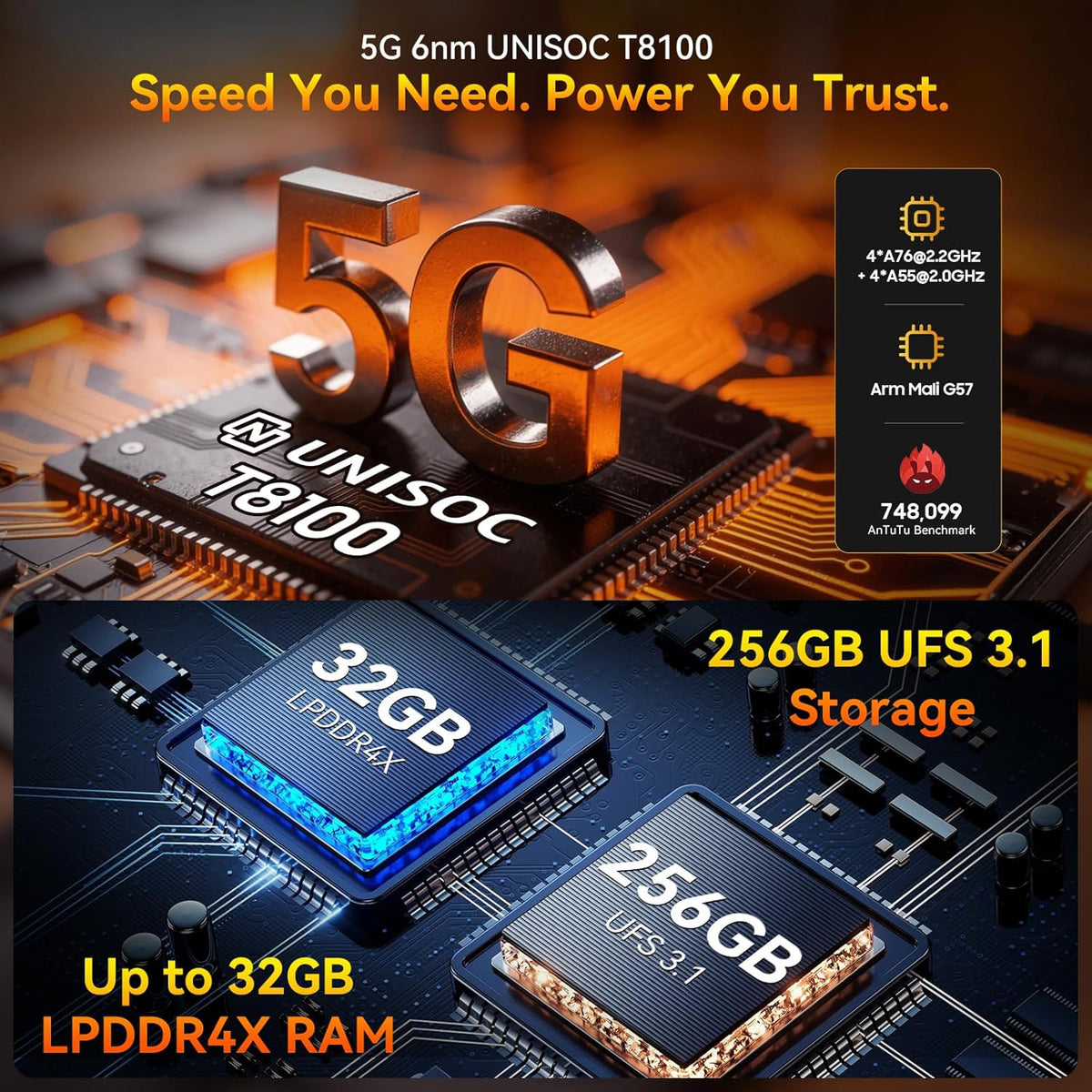 Rock 2 Pro 5G Rugged Phone Android 16, 15000Mah/33W Dual 400LM Camping Light, 32GB+256GB/2TB Rugged Smartphone Unlocked Gemini AI, 16MP+13MP 6.67" 2.4K 120Hz Glove Mode/Nfc