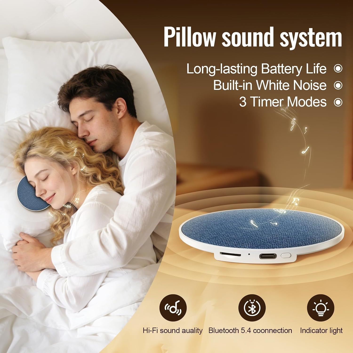 Bluetooth Pillow Speaker for Sleep Aid, under Pillow Audio Disc with White Noise, Type-C Charging, 200Mah Battery, Bluetooth 5.4, TF Card Support, 92Mm