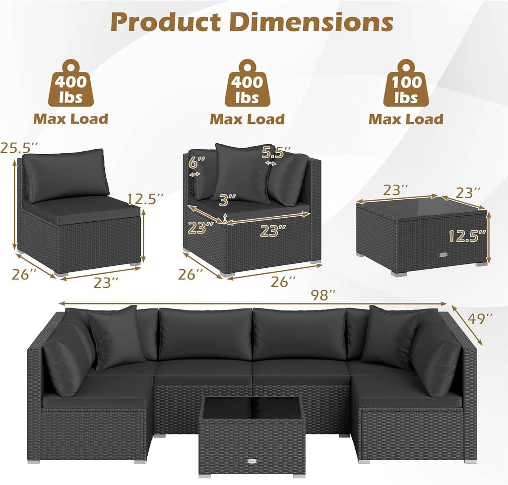 7 Pieces Wicker Patio Furniture Set, Outdoor Sectional Rattan Sofa Set for 6 with Seat & Back Cushions, Pillows, Coffee Table, Modular Conversation Set for Backyard, Poolside, Deck & Garden