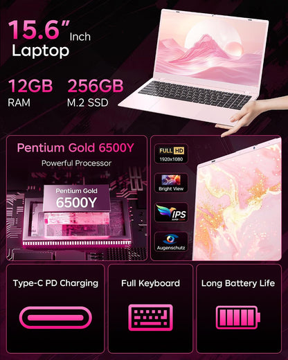 Pink Laptop 15.6 Inch, 12GB RAM 256GB SSD, Pentium 6500Y up to 3.4Ghz, 1080P FHD IPS Screen, USB C, USB 3.2, HDMI, Wifi5, BT5.2, Computer Laptops for Student, Business, Home