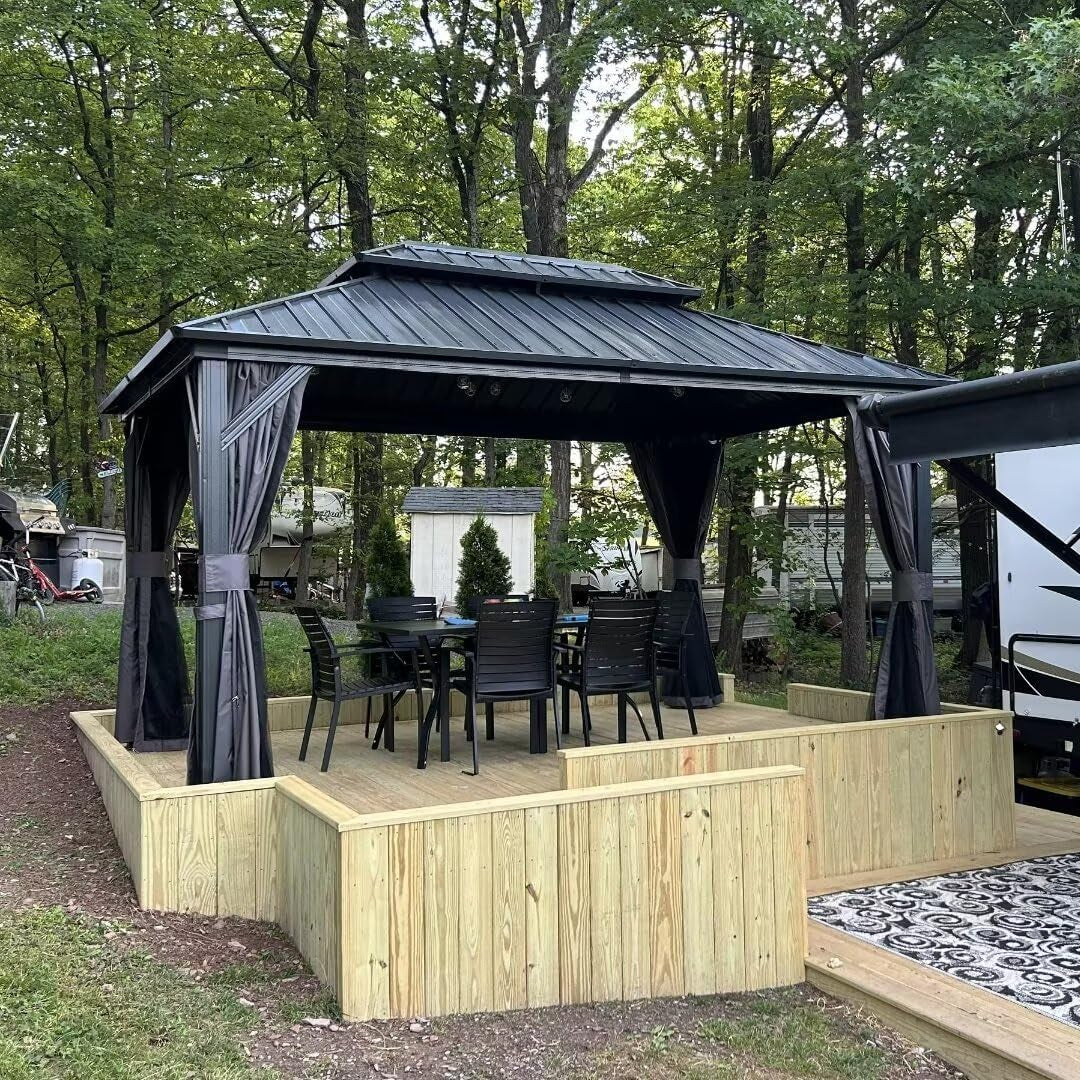 Domi 10' X 12' Hardtop Gazebo Canopy with Netting & Curtains, Outdoor Aluminum Gazebo with Galvanized Steel Double Roof for Patio Lawn and Garden, Gray