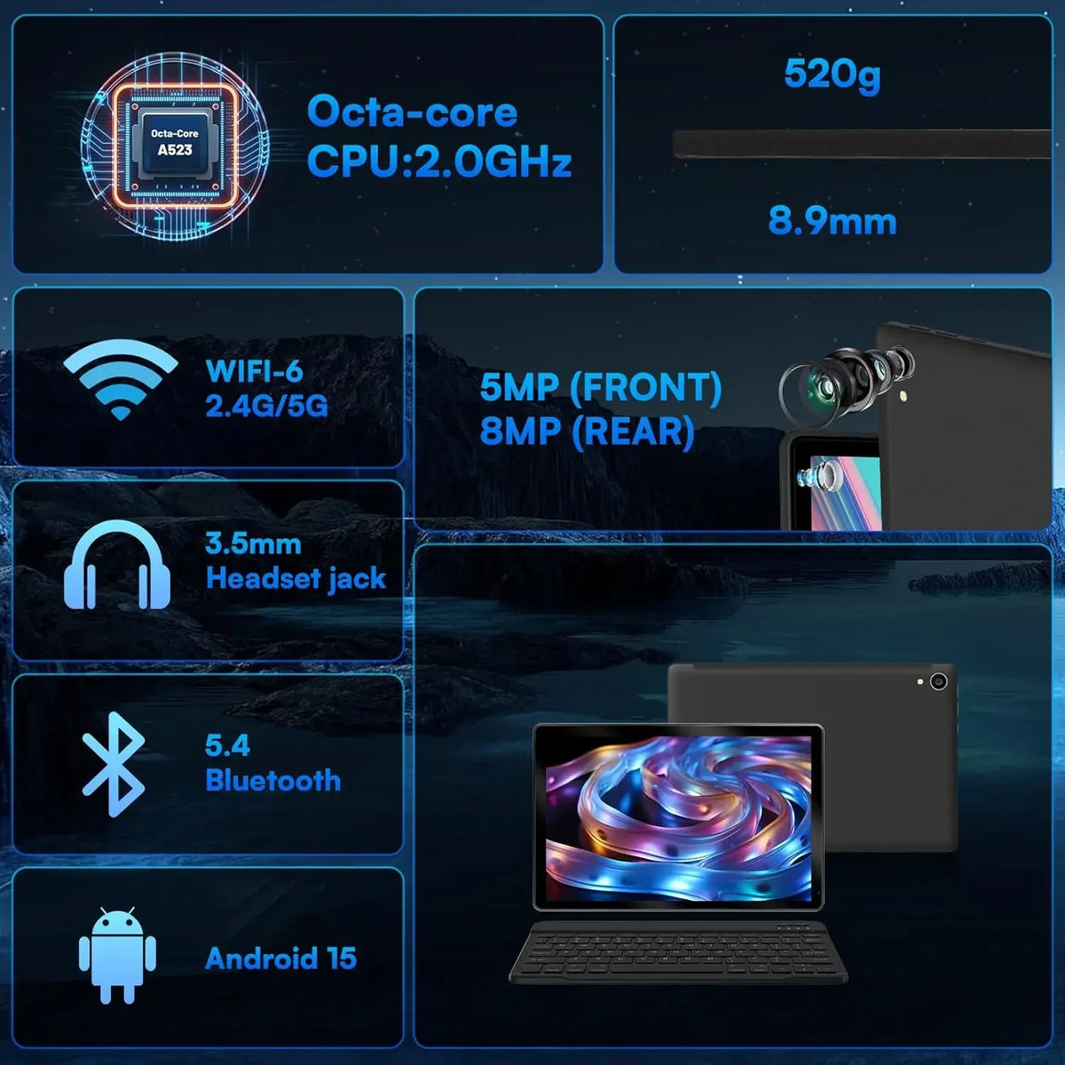 10 Inch Tablet Android 15 8-Core Tablets 24GB+128GB 1TB Expansion Wifi 6 5MP+8MP Stylus Keyboard Mouse Headphone PC PAD Set