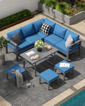 Aluminum Patio Furniture Set, Modern Outdoor Conversation Table and Chair Sets with Blue Cushions for Lawn, Backyard, and Deck