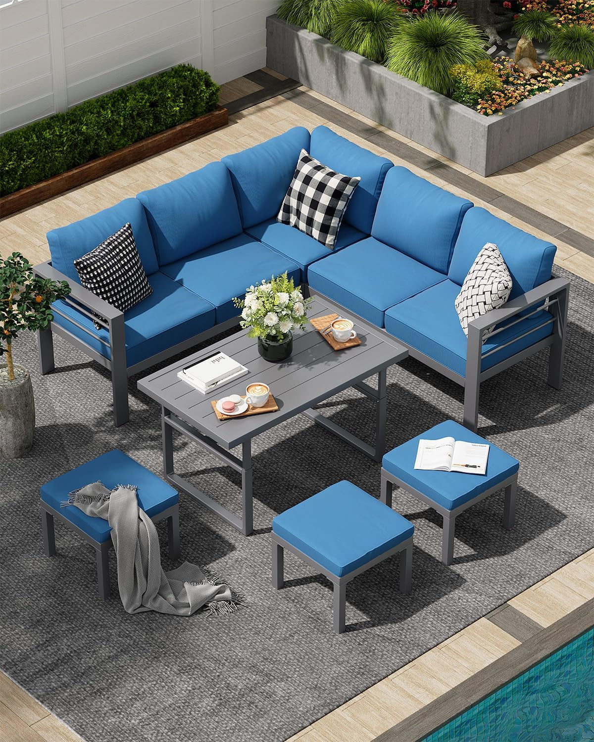 Aluminum Patio Furniture Set, Modern Outdoor Conversation Table and Chair Sets with Blue Cushions for Lawn, Backyard, and Deck