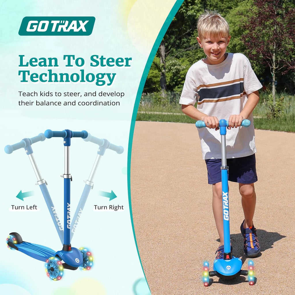KS1 Kids Kick Scooter, LED Lighted Wheels and 3 Adjustable Height Handlebars, Lean-To-Steer & Widen Anti-Slip Deck, 3 Wheel Scooter for Boys & Girls Ages 3+ and up to 100 Lbs
