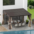 10' X 12' Hardtop Gazebo with Aluminum Frame, Wall Mounted Gazebo Galvanized Steel Roof Sloping Pergola with Curtains and Netting for Patio Deck Backyard Lawn Party