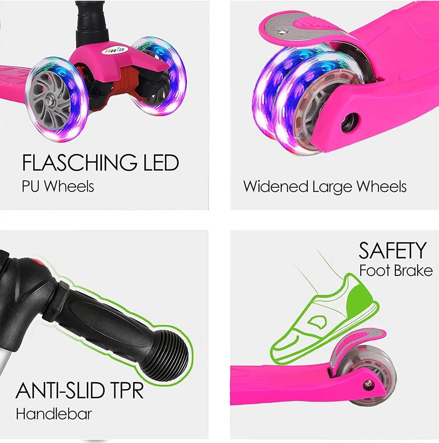 Scooters for Kids 3 Wheel Kick Scooter for Toddlers Girls & Boys, 4 Adjustable Height, Lean to Steer, Extra-Wide Deck, Light up Wheels for Children from 3 to 14 Years Old