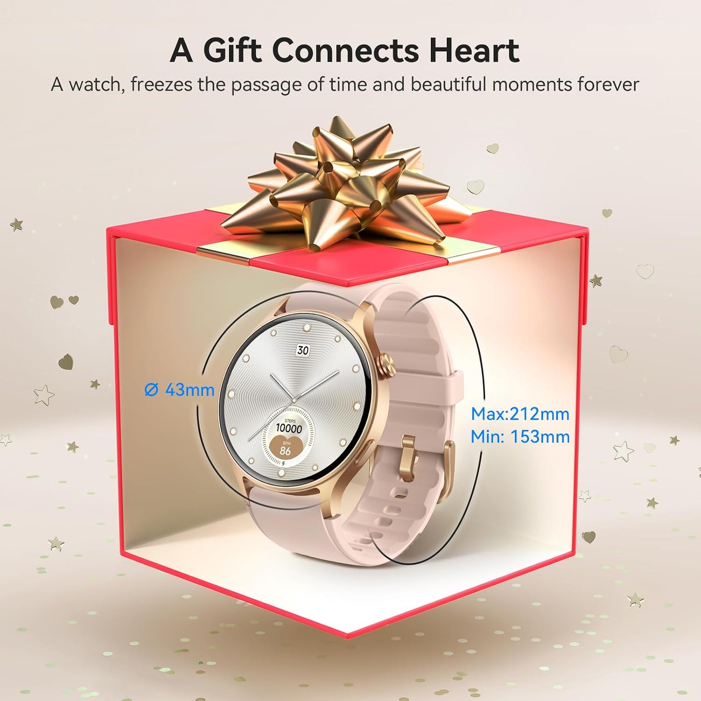 Smart Watch for Women, AMOLED Ultra-Clear Screen Activity Trackers with Heart Rate/Sleep/Spo2 Monitor, Waterproof Fitness Smartwatch for Iphone/Samsung/Android（Pink Gold）