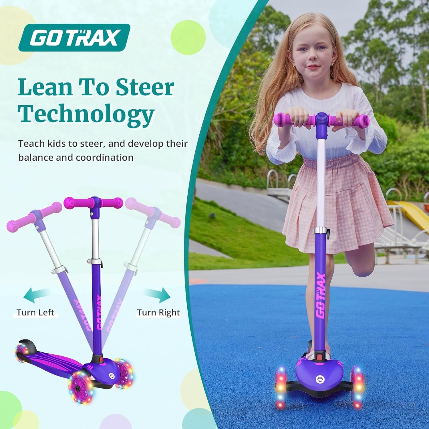 KS1 Kids Kick Scooter, LED Lighted Wheels and 3 Adjustable Height Handlebars, Lean-To-Steer & Widen Anti-Slip Deck, 3 Wheel Scooter for Boys & Girls Ages 3+ and up to 100 Lbs