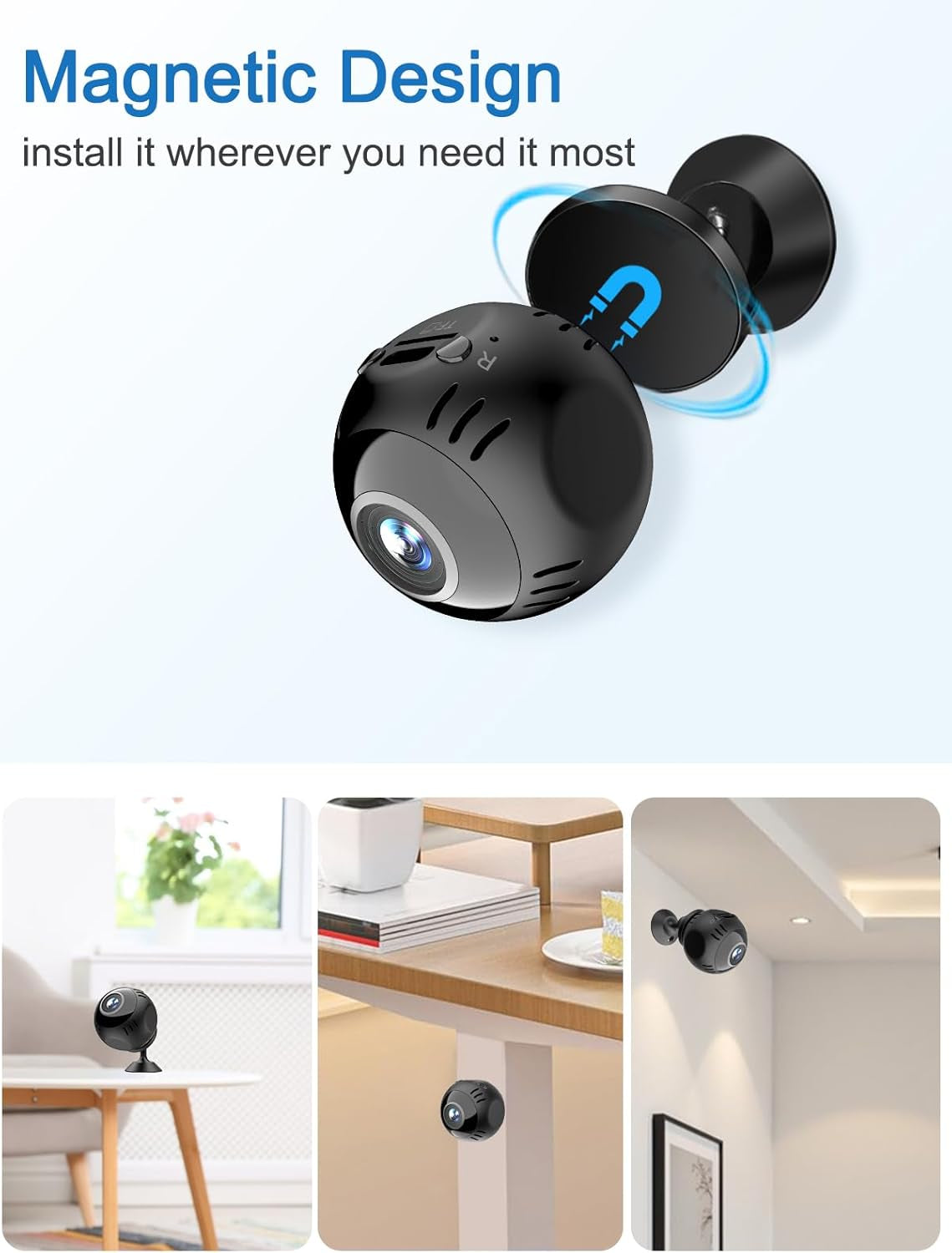 Mini Wifi Camera,Small Magnetic Wireless Cameras,4K 1080P Smart App 2.4Ghz,140° Wide Angle,Ai Motion Detection Alarm and Night Vision for Home Security Pet Cameras App Control