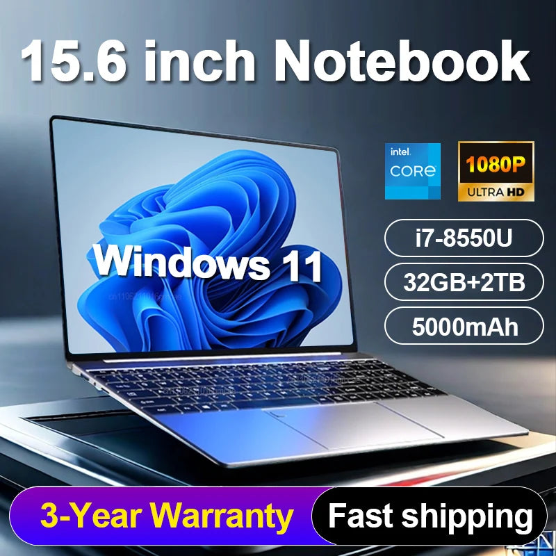 15.6"  Core I7 8550U Portable Laptops Windows 11 32GB 2TB Fingerprint Unlock Backlit Keyboard Gamer Study Office Notebook