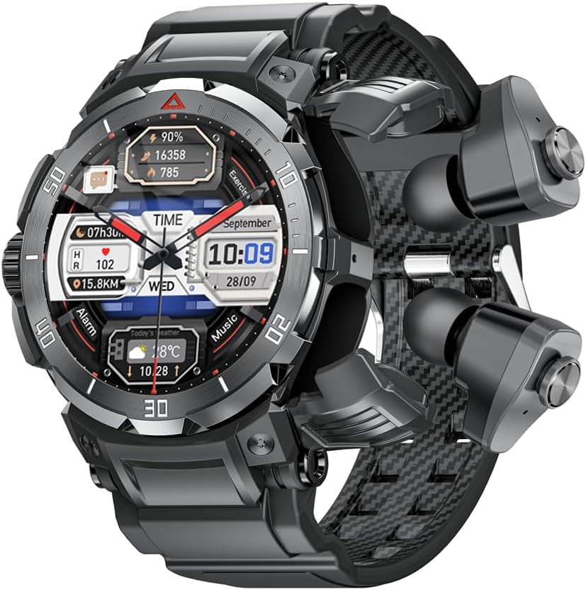 2 in 1 Smart Watch with Earbuds, Bluetooth Smart Watch, 1.46" HD IPS Screen Smartwatch for Men, Rugged Military Fitness Tracker, IP67 Waterproof, AI Voice Assistant