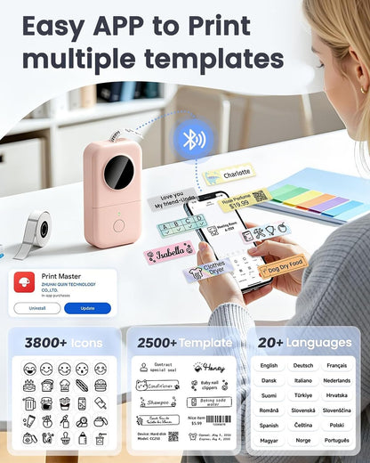 Label Maker Machine,  D30 Portable Bluetooth Label Printer with Tape Label Maker Handheld, Multiple Templates Available for Smartphone Easy to Use for Office Home Organization USB Rechargeable