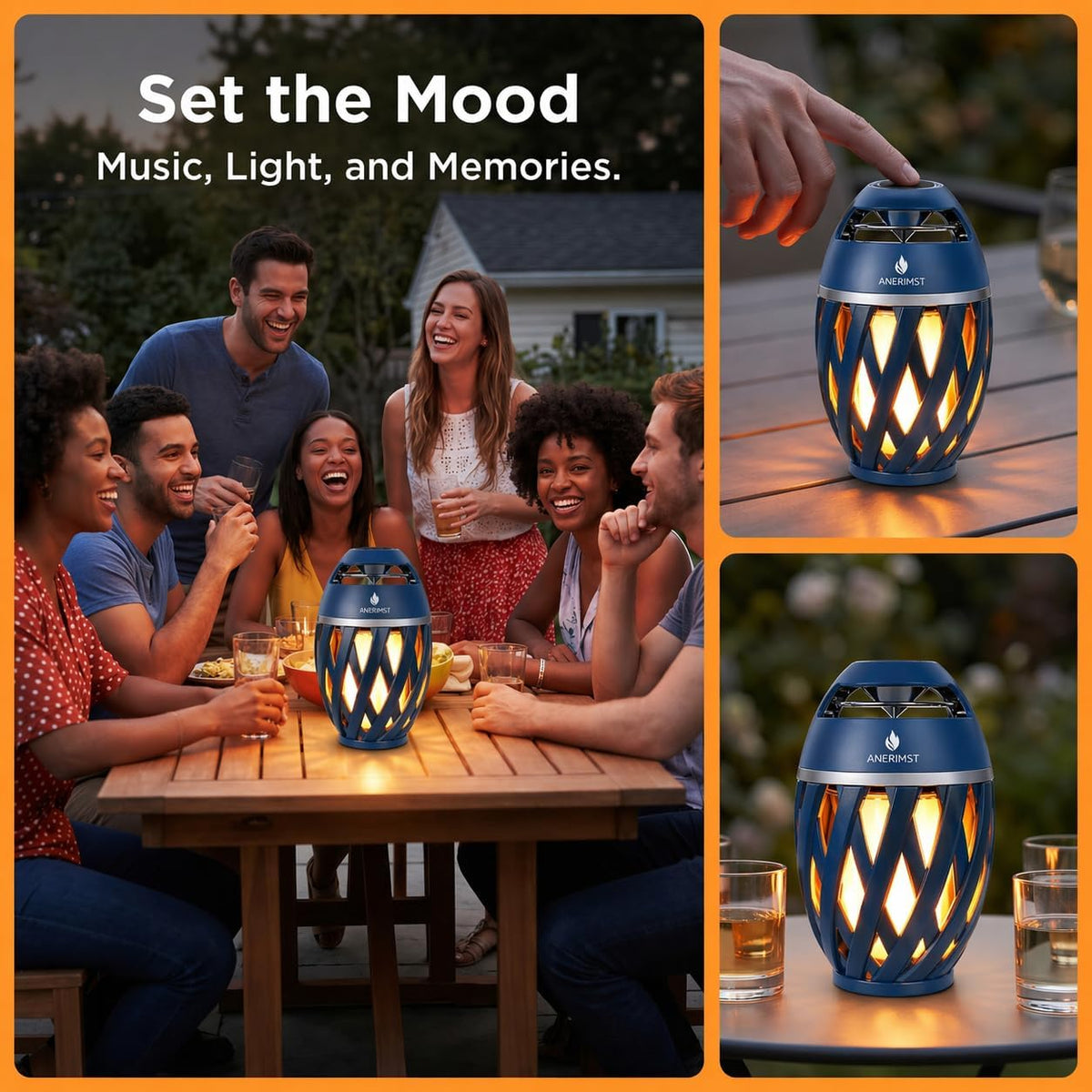 Outdoor Bluetooth Speaker with Flame Light,  Waterproof Wireless LED Flame Speaker for Home Gadgets Camping Accessories, 24H Playtime, Loud Sound, Gifts for Men Women Couples Dads Moms, Blue