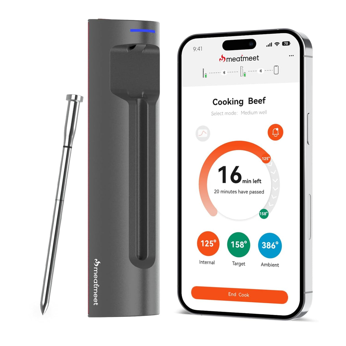 S Pro Bluetooth Wireless Meat Thermometer, with 6 Sensors Build In, Long Range, Smart App Monitoring with Timer &amp; Alarm, IP69 Waterproof, Meat Thermometer Probe for BBQ, Grill, Oven