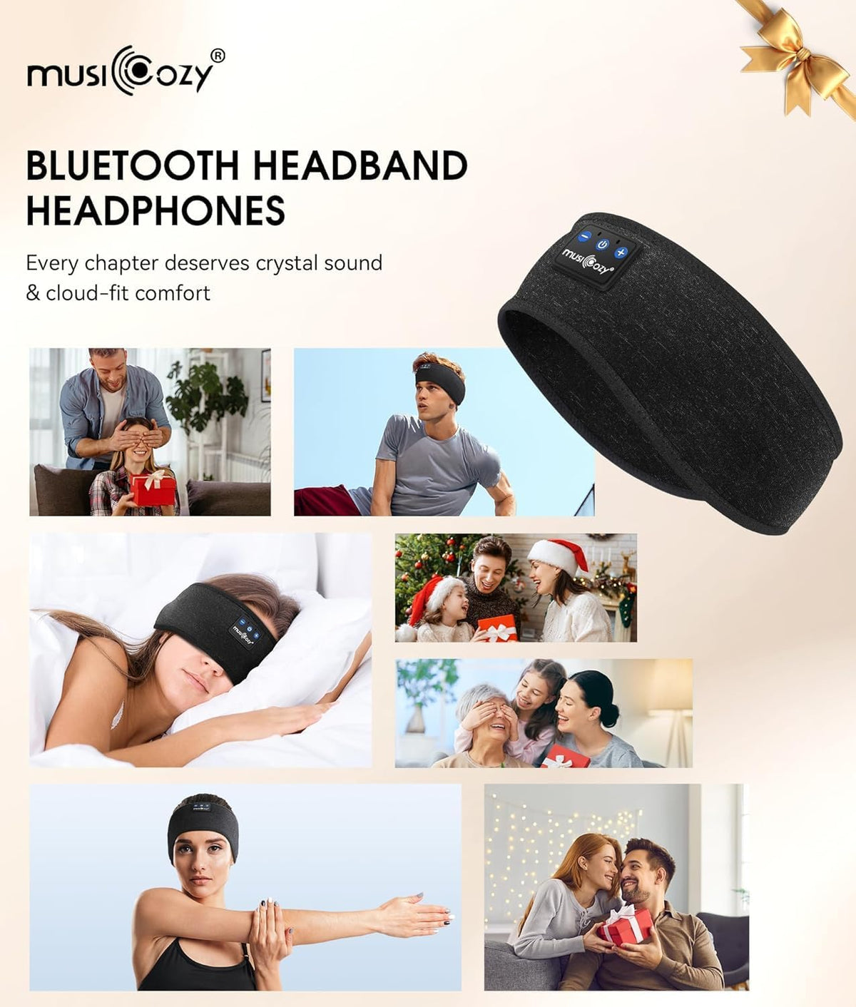 Sleep Headphones Bluetooth 5.4 Headband, Sports Wireless Earphones Sleep Mask Earbuds IPX6 Waterproof for Side Sleepers Workout Running Insomnia Travel Yoga Cool Tech Gadgets (Black)
