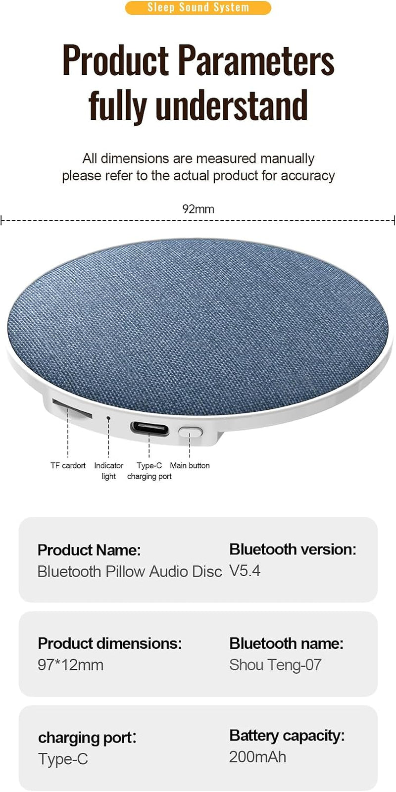 Bluetooth Pillow Speaker for Sleep Aid, under Pillow Audio Disc with White Noise, Type-C Charging, 200Mah Battery, Bluetooth 5.4, TF Card Support, 92Mm