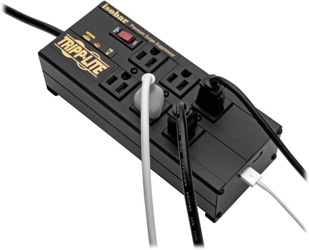 Isobar 6 Outlet Surge Protector Power Strip with 2 USB Charging Ports,10Ft Long Cord, Right-Angle Plug, Metal, 3840 Joules,Lifetime Limited Warranty &amp; $50K Insurance (Ibar6Ultrausbb)Black