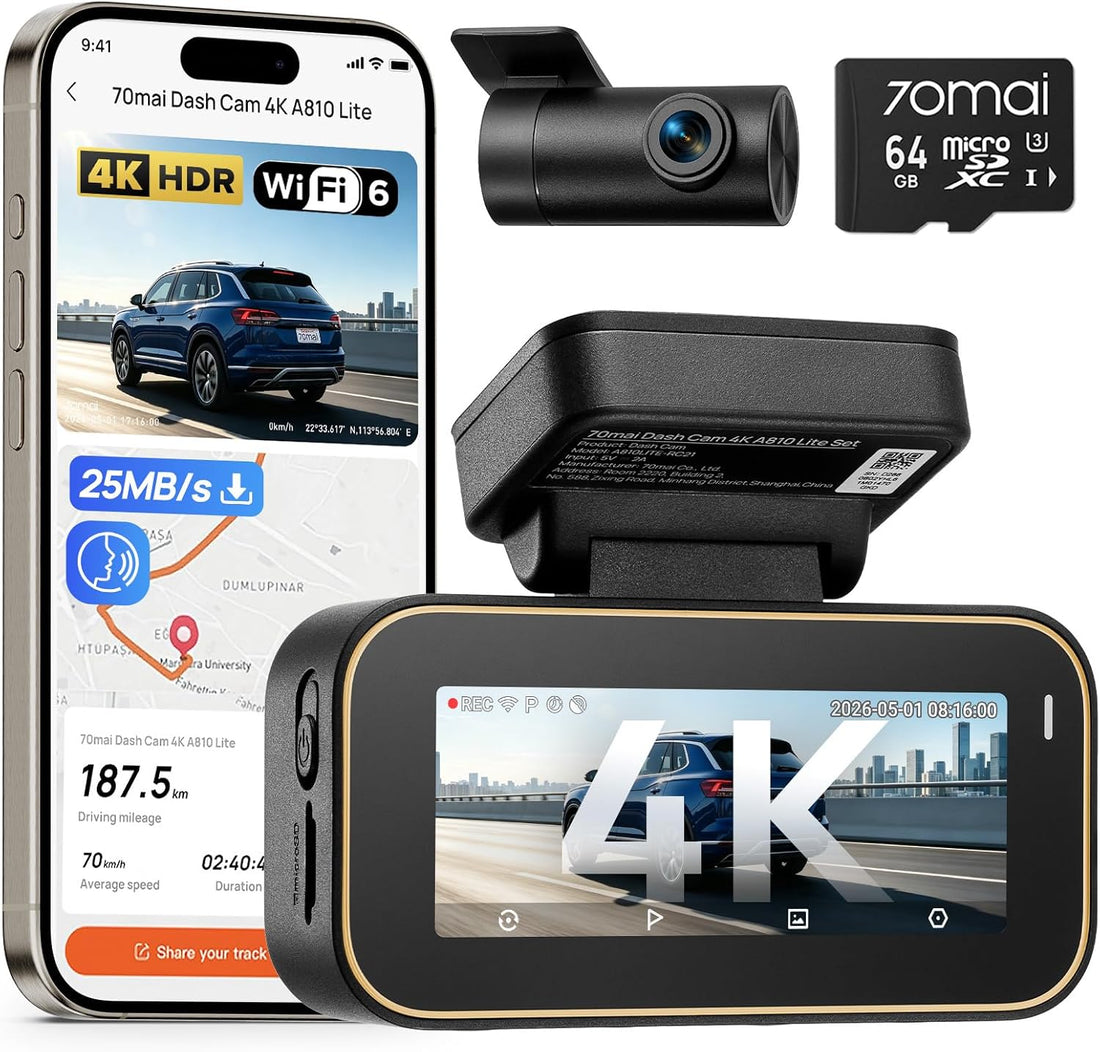 A810 Lite 4K Dash Cam Front and Rear, 5Ghz Wifi 6 Dashcam, Car Camera with GPS Tracking, HDR Night Vision, 24H Parking Mode, Voice Control, Emergency Lock, Loop Recording, Support 512GB Max