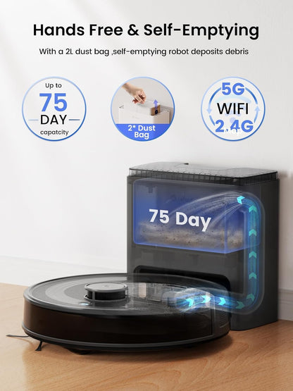 M2 plus Robot Vacuum and Mop, Strong Suction with Lidar Navigation, 75-Day Self-Emptying, 2.4/5G Wi-Fi/App/Alexa, 190° PSD Obstacle Avoidance, Hard Floors and Carpet, Black