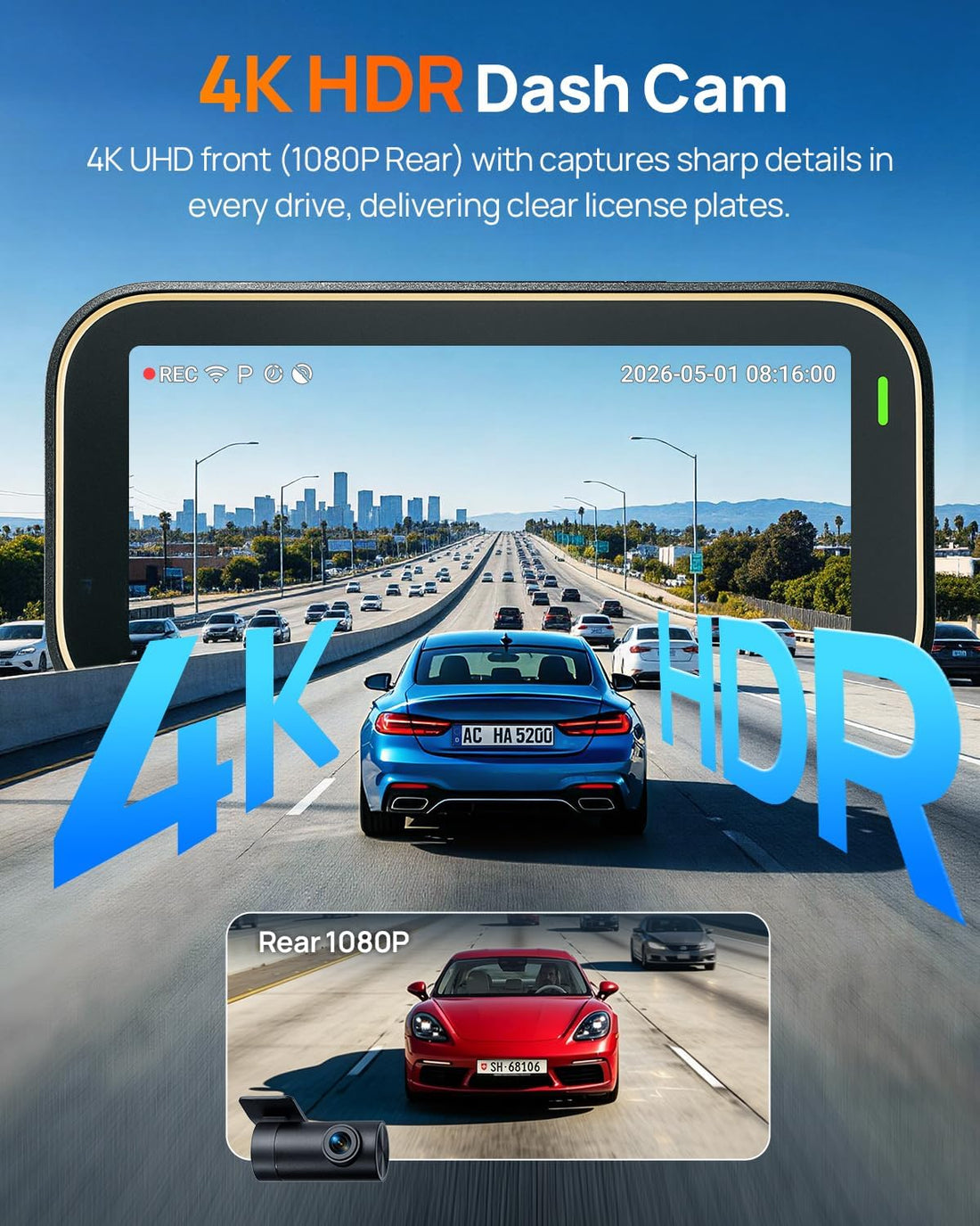 A810 Lite 4K Dash Cam Front and Rear, 5Ghz Wifi 6 Dashcam, Car Camera with GPS Tracking, HDR Night Vision, 24H Parking Mode, Voice Control, Emergency Lock, Loop Recording, Support 512GB Max