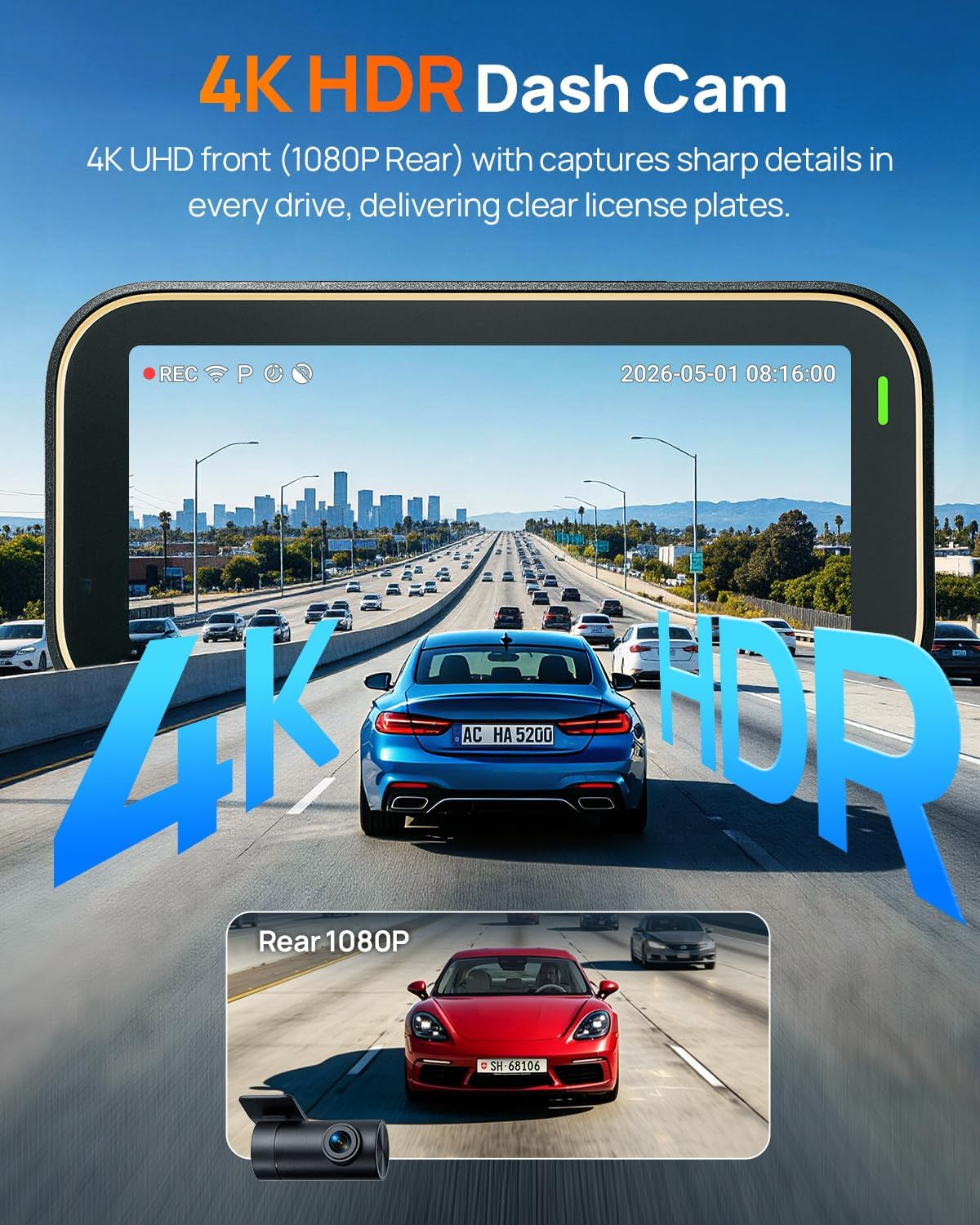 A810 Lite 4K Dash Cam Front and Rear, 5Ghz Wifi 6 Dashcam, Car Camera with GPS Tracking, HDR Night Vision, 24H Parking Mode, Voice Control, Emergency Lock, Loop Recording, Support 512GB Max
