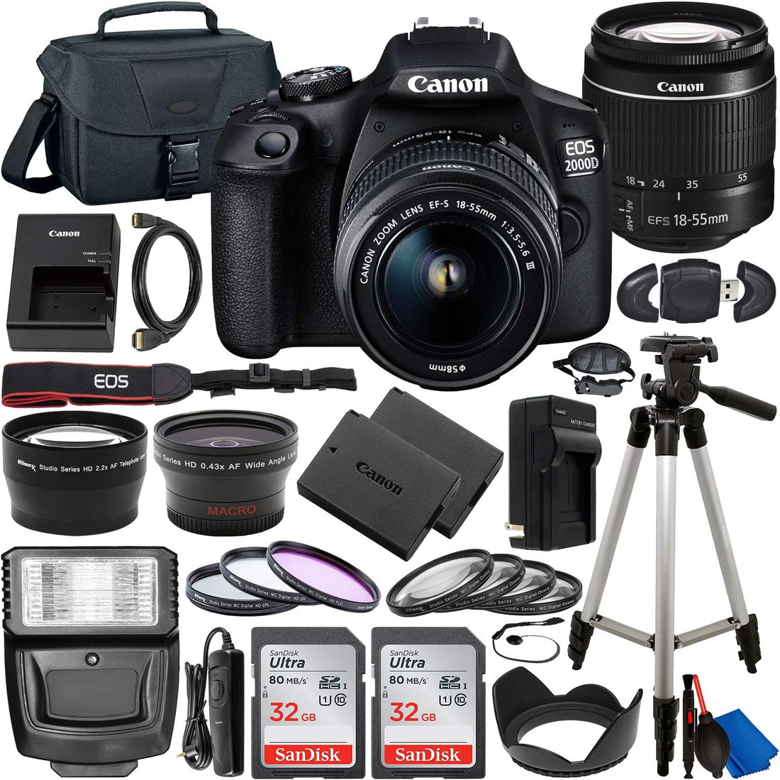 EOS 2000D (Rebel T7) DSLR Camera with EF-S 18-55Mm F/3.5-5.6 DC III Lens &amp; Deluxe Accessory Bundle – Includes: 2X Sandisk Ultra 32GB SDHC Memory Card, Extended Life Battery, Carrying Case &amp; MORE
