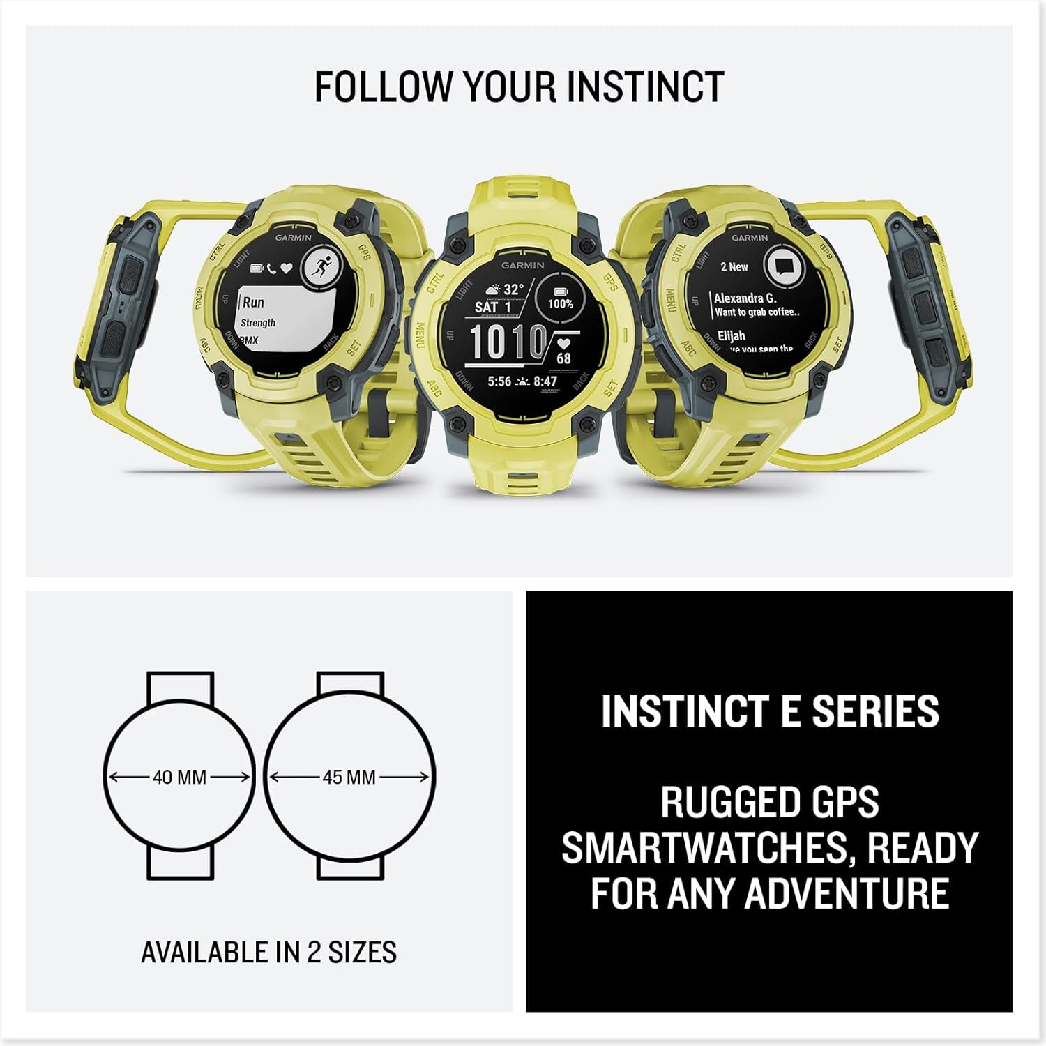 Instinct® E 45Mm, Rugged Outdoor GPS Smartwatch, 24/7 Health Monitoring, Wrist-Based Heart Rate, up to 16 Days of Battery Life, Electric Lime
