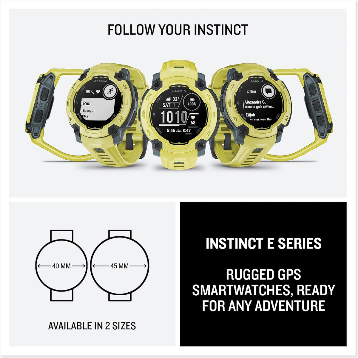 Instinct® E 45Mm, Rugged Outdoor GPS Smartwatch, 24/7 Health Monitoring, Wrist-Based Heart Rate, up to 16 Days of Battery Life, Electric Lime