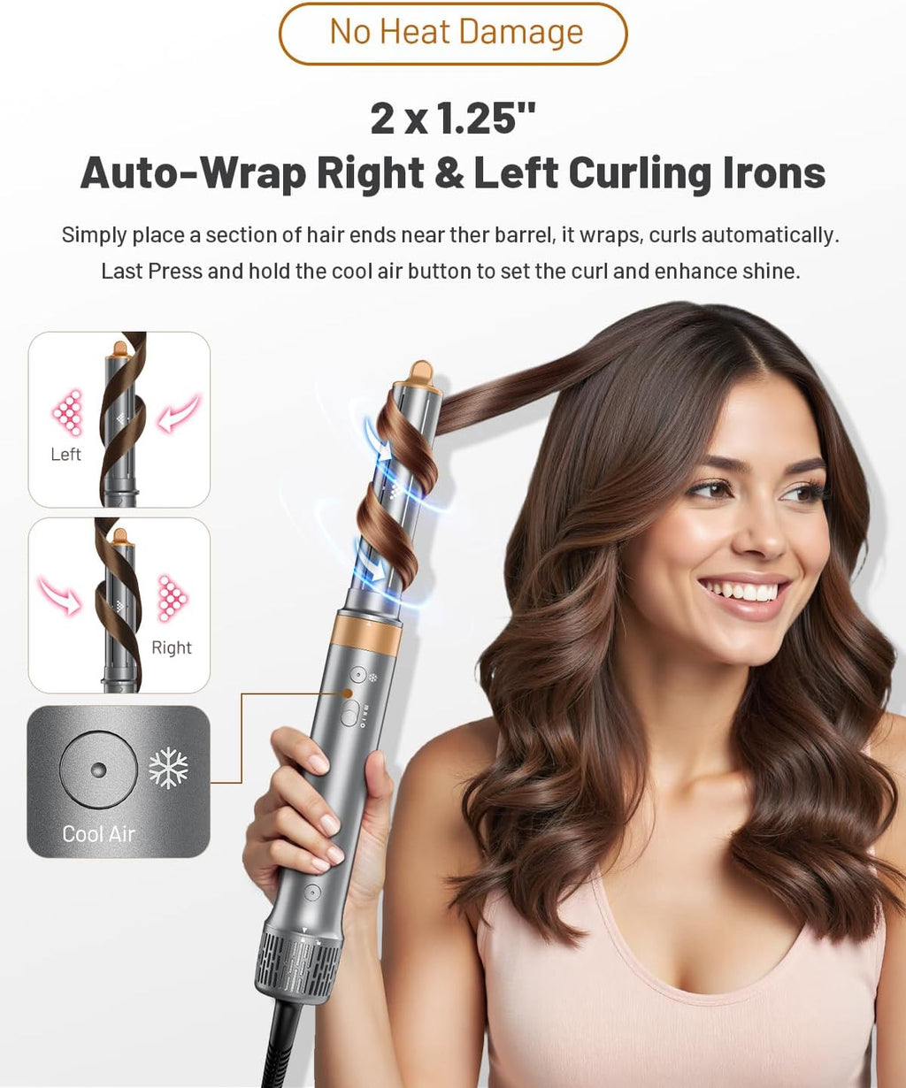 Hot Air Styler & Hair Dryer Brush Kit, 1500W No Heat Damage Frizz-Free Hair Styler for Curl, Wavy, Volumizer, Straighten, Fast Drying, Gray
