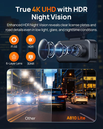 A810 Lite 4K Dash Cam Front and Rear, 5Ghz Wifi 6 Dashcam, Car Camera with GPS Tracking, HDR Night Vision, 24H Parking Mode, Voice Control, Emergency Lock, Loop Recording, Support 512GB Max
