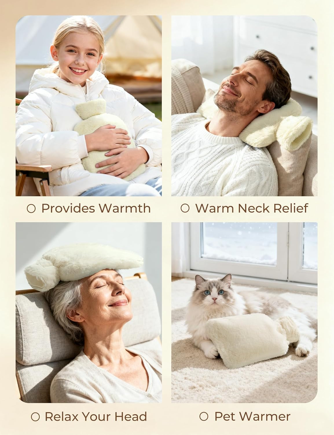 Hot Water Bottle with Cover, 2L Rubber Hot Water Bag with Soft Cover (2 Liter), for Cramps, Compress Pain Relief, Removable Hot Cold Pack, Hot Water Bed Warm(Beige)