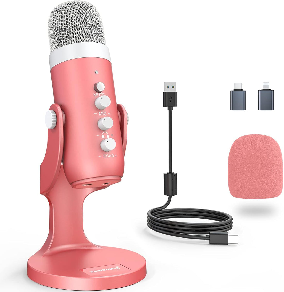 Podcast Microphone for Iphone PC &amp; Mac, Noise Cancellation USB Mic with Volume, Mute &amp; Echo Control, Zero-Latency Monitoring, for ASMR, Podcasting, Vocal Recording &amp; Voice-Over - K66 Pink