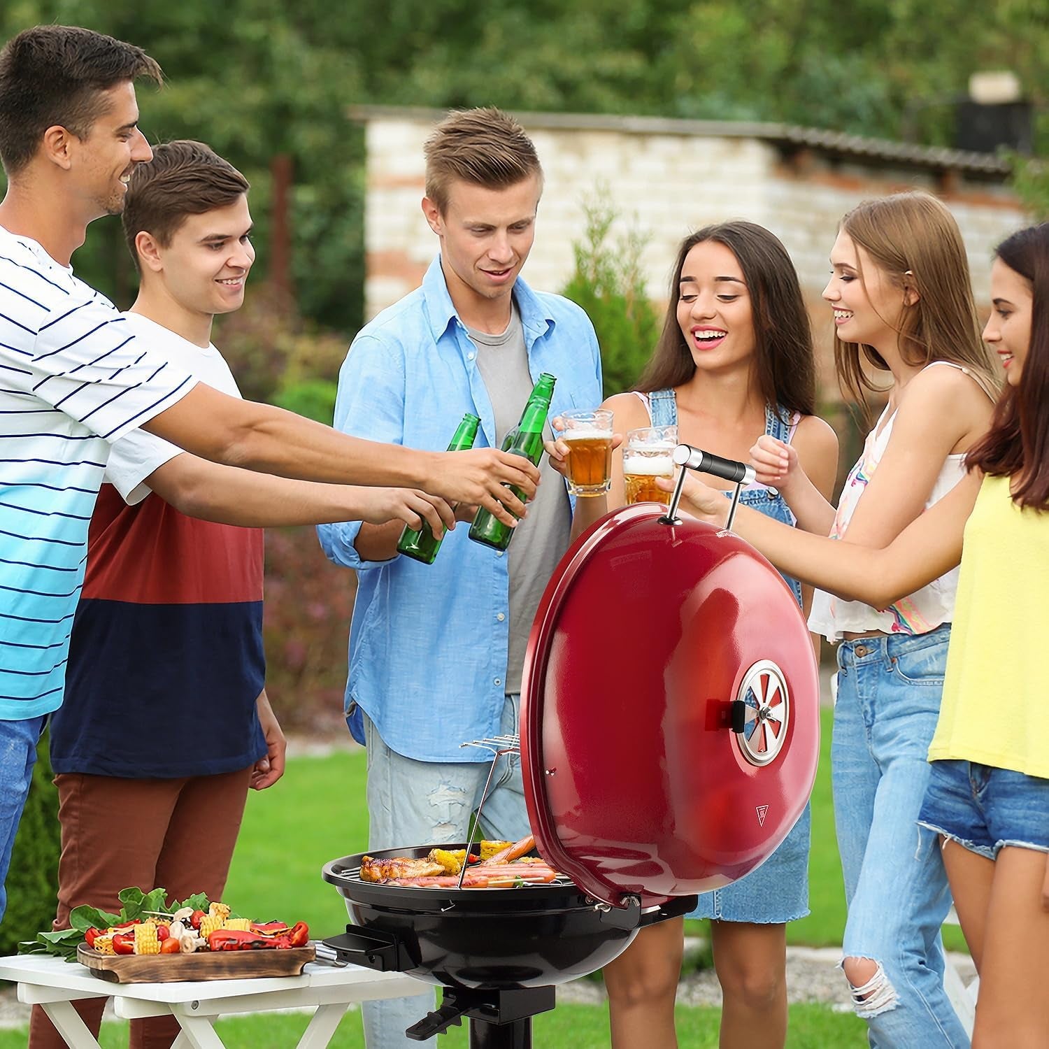Electric Grill,  Outdoor Electric BBQ Grill, 1600W Portable Removable Stand Grill with Adjustable Heat & Drip Tray, Double Layer Design for Party, Patio & Backyard (Red)