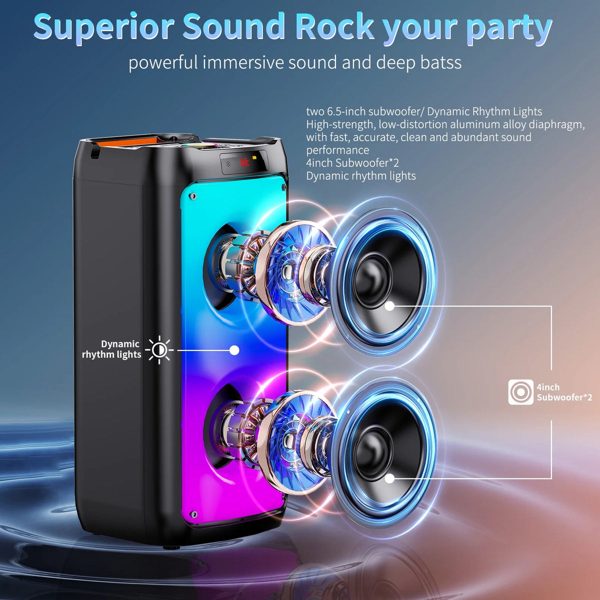 Bluetooth Speaker, Portable Party Speaker with 2 Microphones, DJ Lights for Outdoor and Home