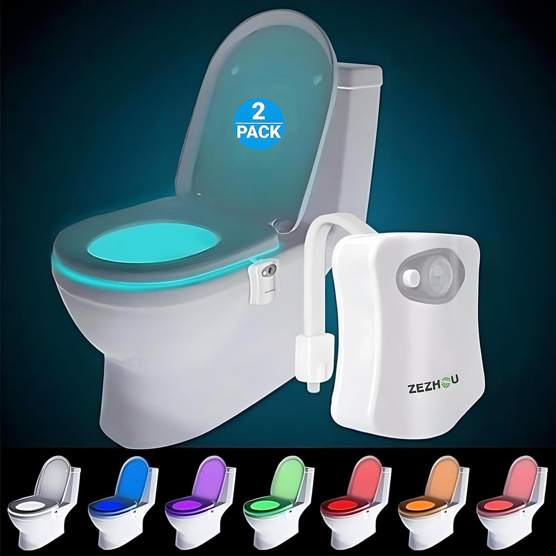 2-Pack Original Toilet Night Light Gadget, Fun Bathroom Lighting Add on Glow Bowl Seat, Motion Sensor Activated LED 9 Color Modes - Weird Novelty Funny Birthday Gag Gifts for Adults, Kids &amp; Toddlers