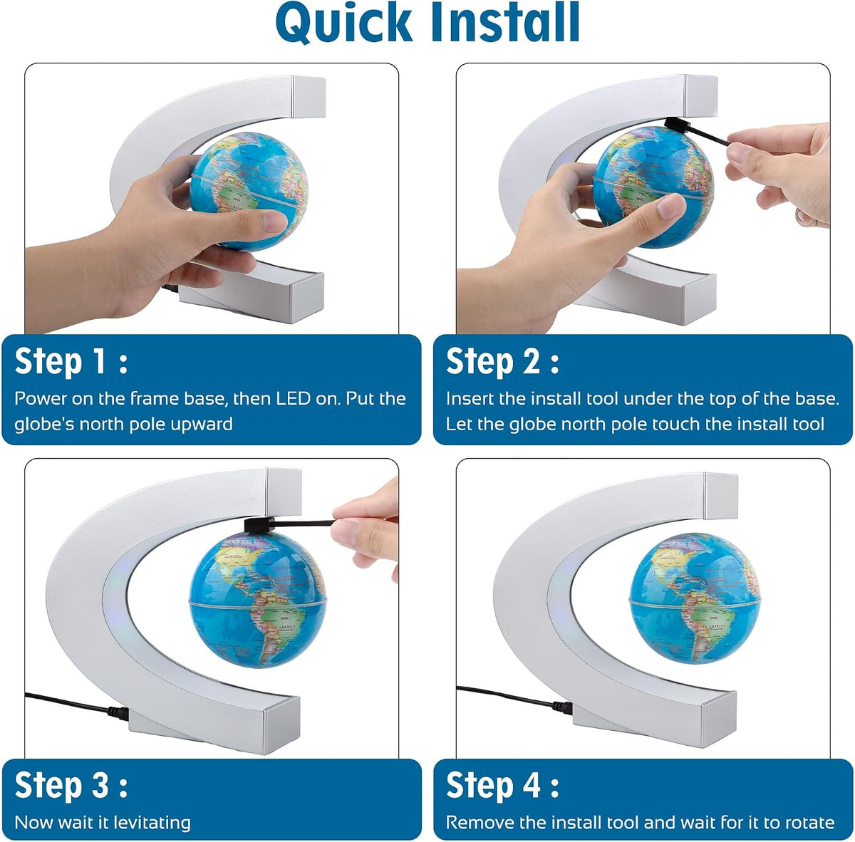 Magnetic Levitating Globe with LED Light, Cool Tech Gift for Men Father Boys and Girls , Birthday Gifts for Kids, Floating Globes World Desk Gadget Decor in Office Home/Display Frame Stand (Sliver)