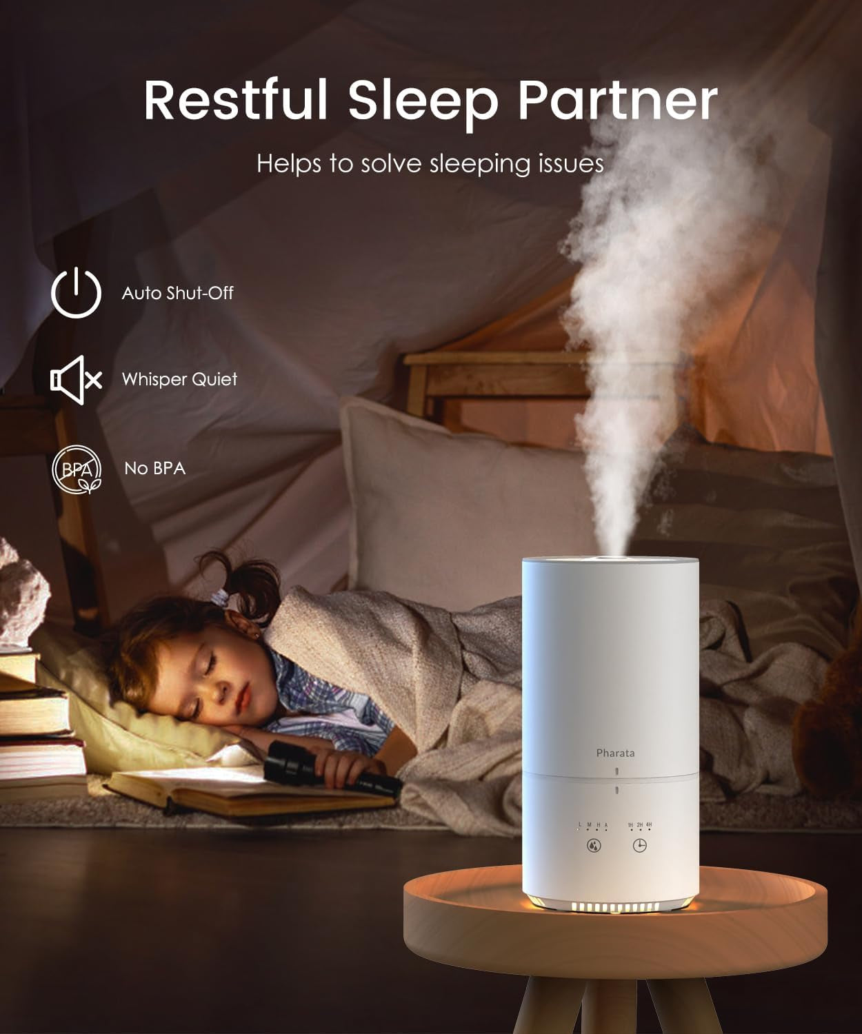 Humidifiers for Bedroom Baby Room, 1000Ml Small Cool Mist Top Fill Air Humidifiers for Nursery & Plants, Ultra Quiet Essential Oil Diffuser with Warm Yellow Night Light, (White)