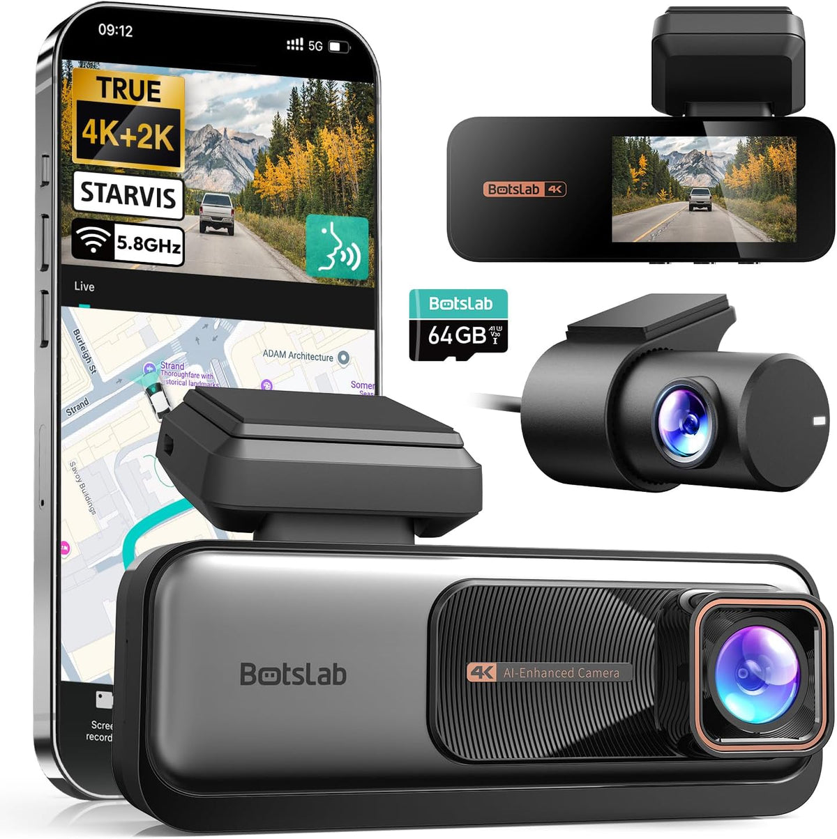 4K+2K Dual Channel Front and Rear Dash Cam with 64GB Card, STARVIS IMX415, Dash Car Camera with Voice Control &amp; 24/7 Parking Mode | Night Vision, Wifi GPS for Uber/Taxi/Car Safety