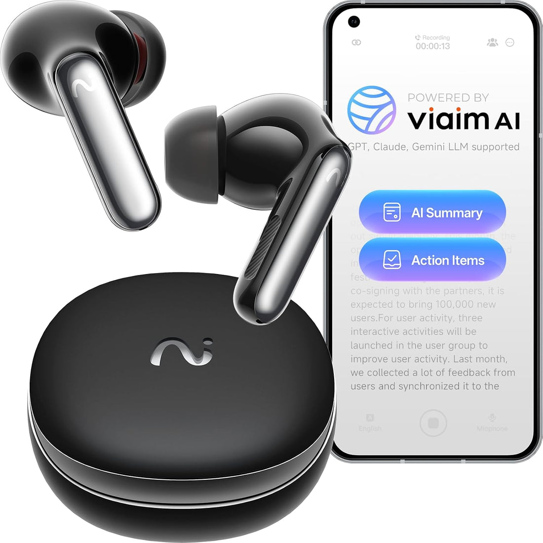 Recdot AI Voice Recorder Earbuds, AI Note Taker for Meetings &amp; Calls | Real-Time Transcription &amp; Translation across 78 Languages, 48 Db Hybrid ANC, AI Powered Summaries with Advanced LLM Models