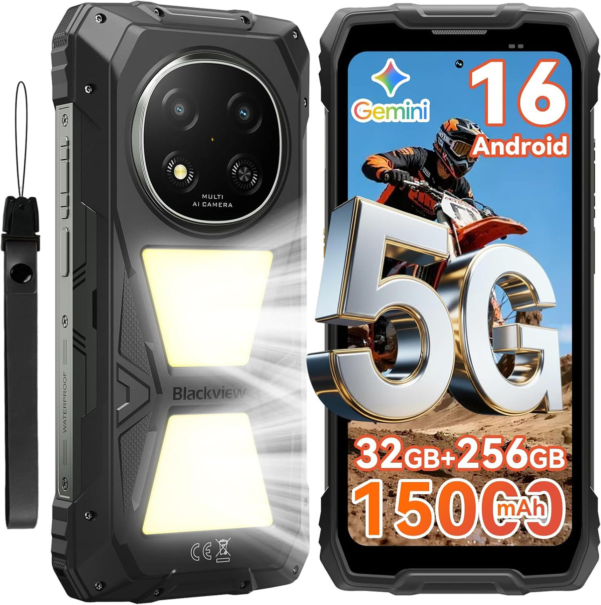 Rock 2 Pro 5G Rugged Phone Android 16, 15000Mah/33W Dual 400LM Camping Light, 32GB+256GB/2TB Rugged Smartphone Unlocked Gemini AI, 16MP+13MP 6.67" 2.4K 120Hz Glove Mode/Nfc