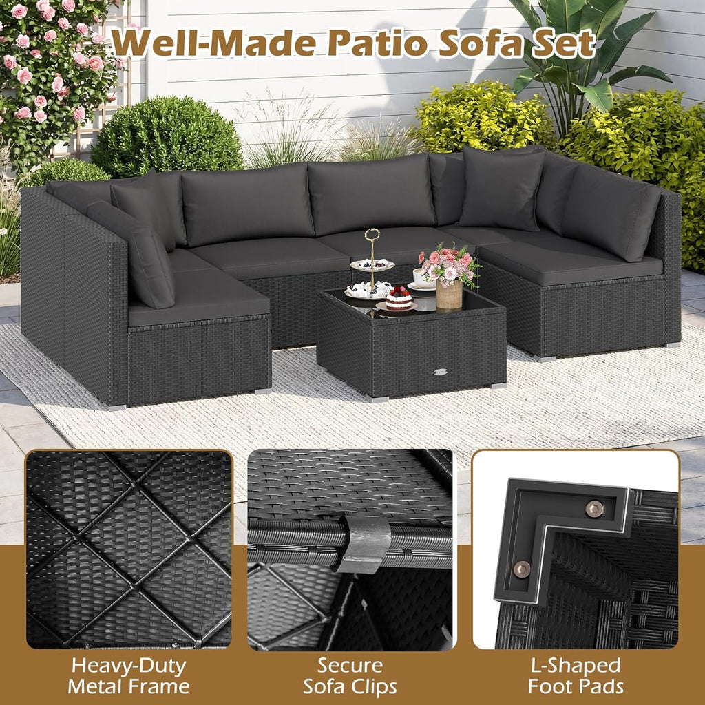 7 Pieces Wicker Patio Furniture Set, Outdoor Sectional Rattan Sofa Set for 6 with Seat & Back Cushions, Pillows, Coffee Table, Modular Conversation Set for Backyard, Poolside, Deck & Garden