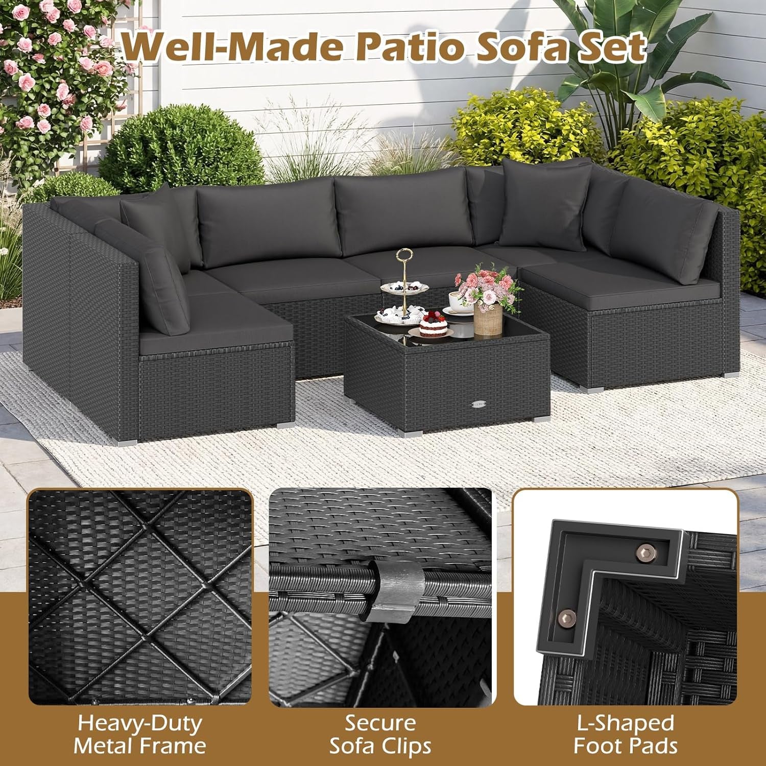 7 Pieces Wicker Patio Furniture Set, Outdoor Sectional Rattan Sofa Set for 6 with Seat & Back Cushions, Pillows, Coffee Table, Modular Conversation Set for Backyard, Poolside, Deck & Garden
