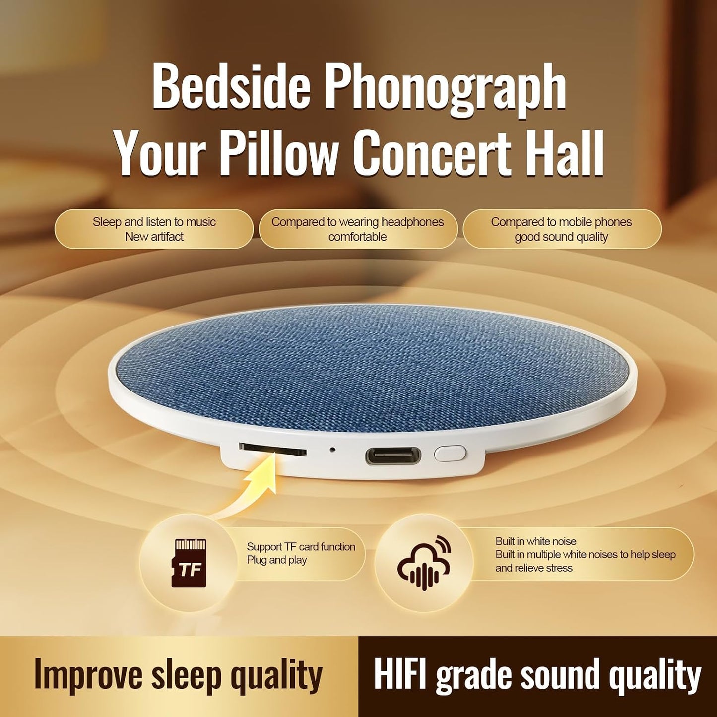 Bluetooth Pillow Speaker for Sleep Aid, under Pillow Audio Disc with White Noise, Type-C Charging, 200Mah Battery, Bluetooth 5.4, TF Card Support, 92Mm